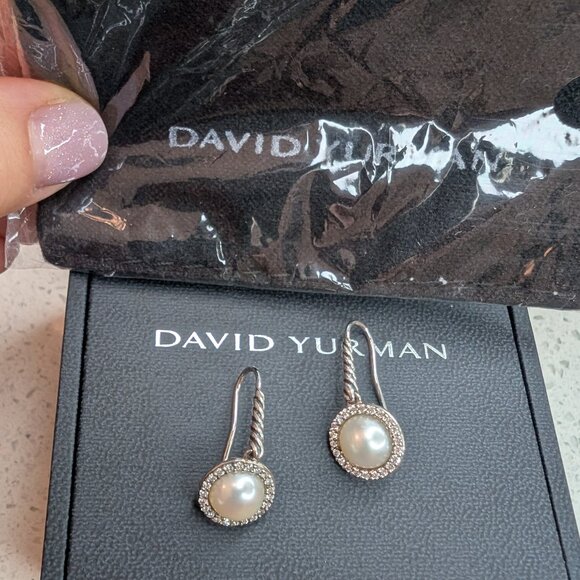 David Yurman Pearl and Pave Diamond Sterling Silver Cable Drop Earrings - RARE - Picture 4 of 7